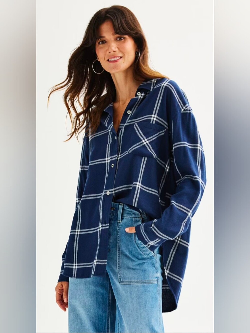 Sonoma The Perfect Flannel Cotton Blend Navy Blue Windowpane Button-Up Shirt MP